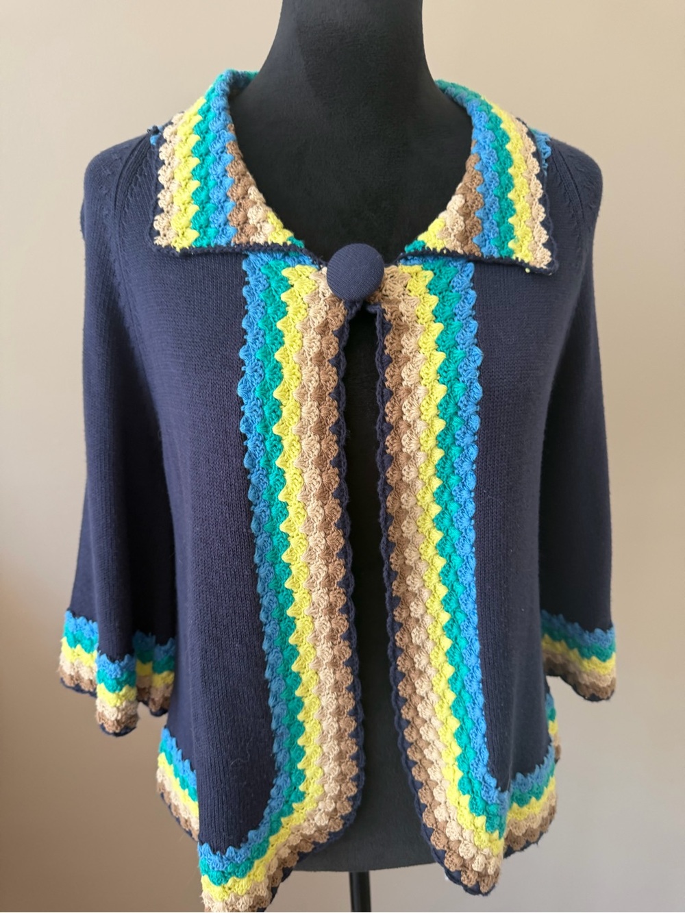 Peck & Peck Classic Navy Colorful Crochet-Trim Cardigan Single Button SMALL